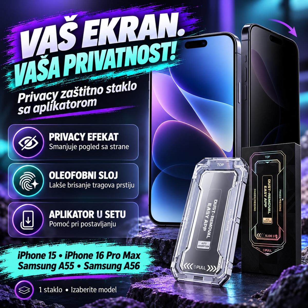 Privacy zaštitno staklo sa aplikatorom (više modela) – više privatnosti za vaš ekran