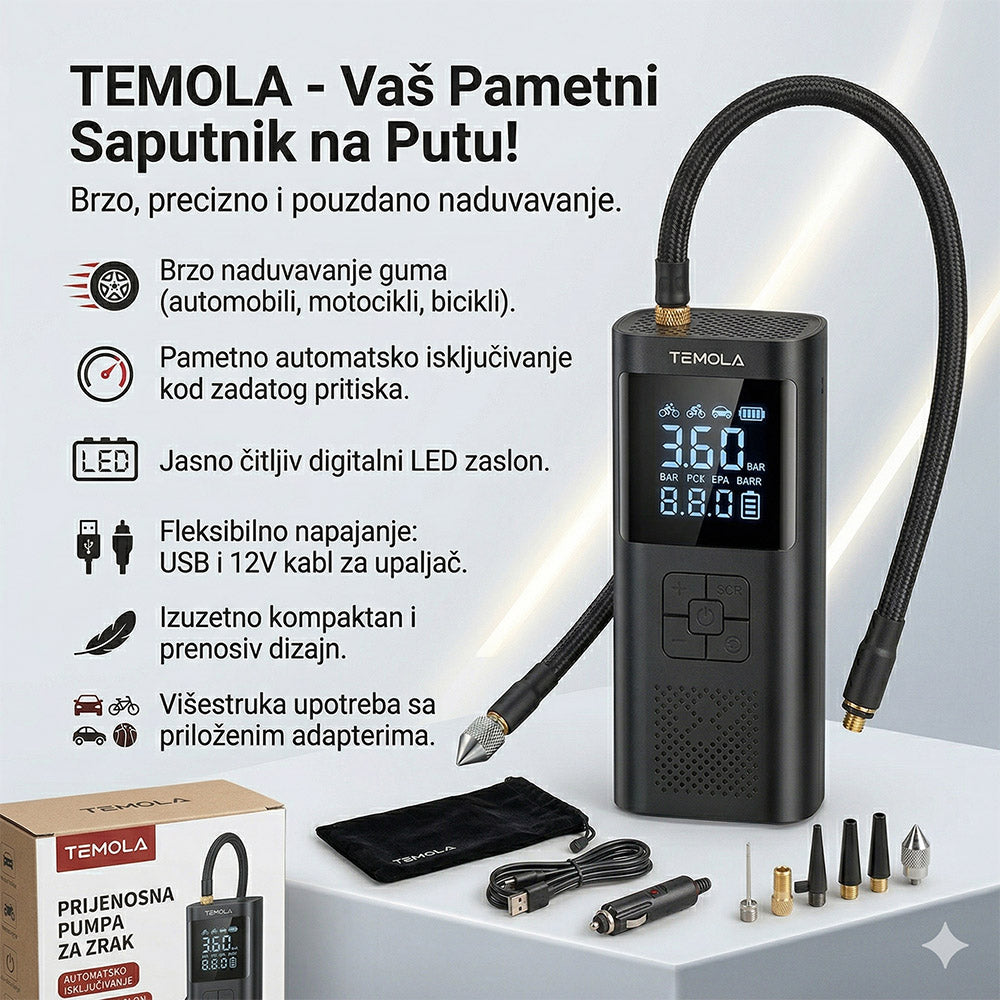 TEMOLA bežična pumpa za gume automobila – prenosni kompresor za hitne situacije
