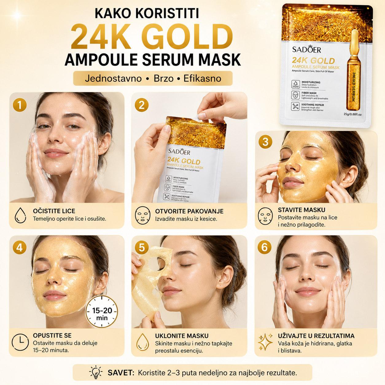 Korejska 24K zlatna maska za lice — paket 5 komada