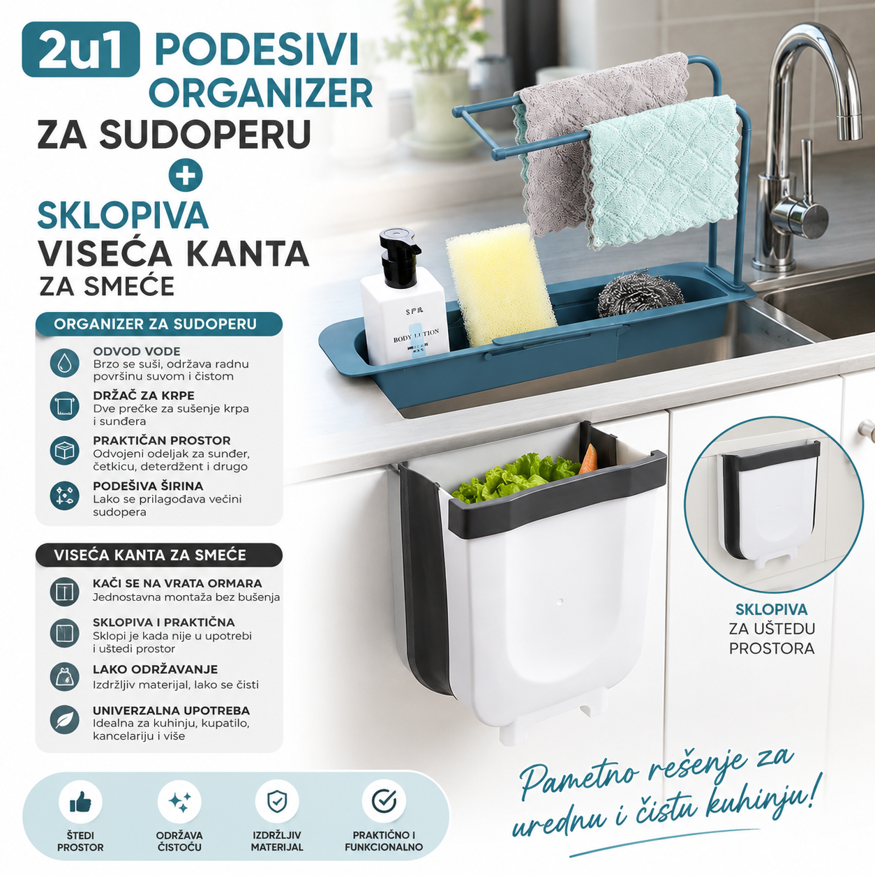 Kuhinjski kombo: organizer za sudoperu + sklopiva kanta