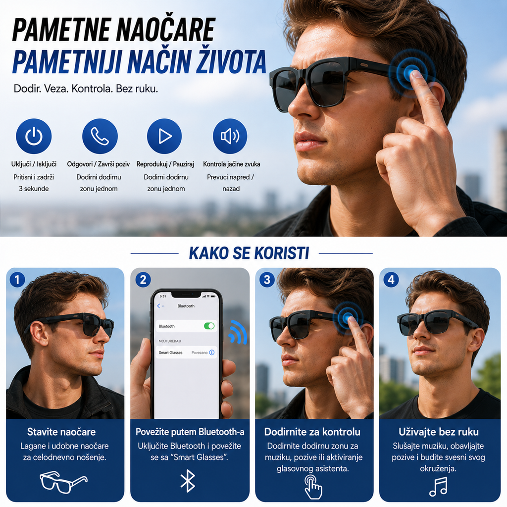 Bluetooth naočare za slušanje muzik