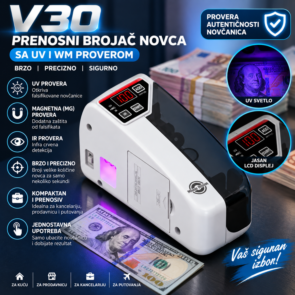 V30 prenosni brojač novca sa UV/WM proverom
