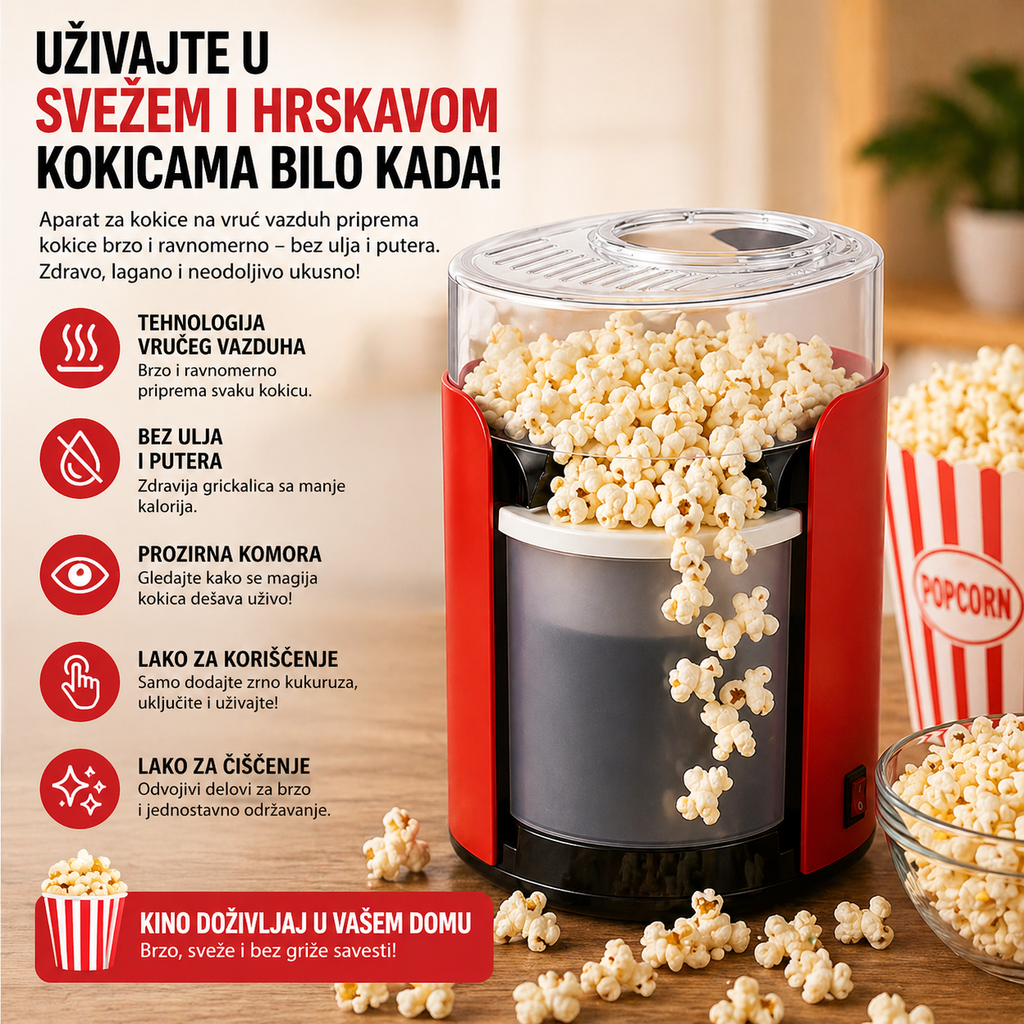 Aparat za kokice na vruć vazduh – zdrava užina bez ulja