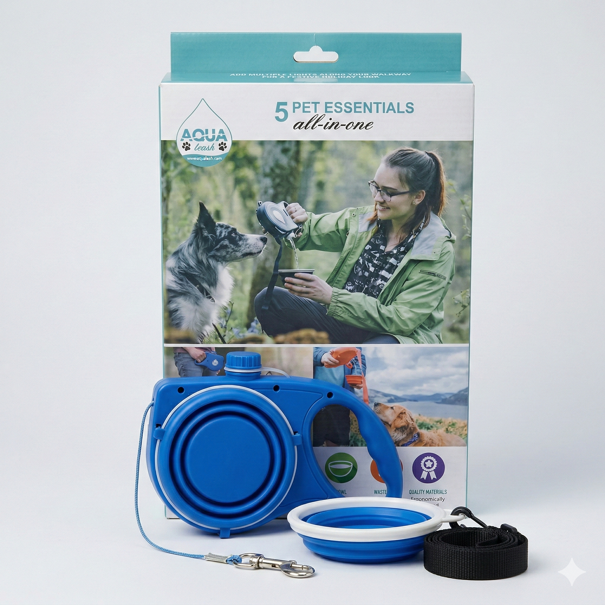 AQVA 5u1 povodac za pse sa posudom za vodu (rezervoar 350ml) – praktični set za šetnju
