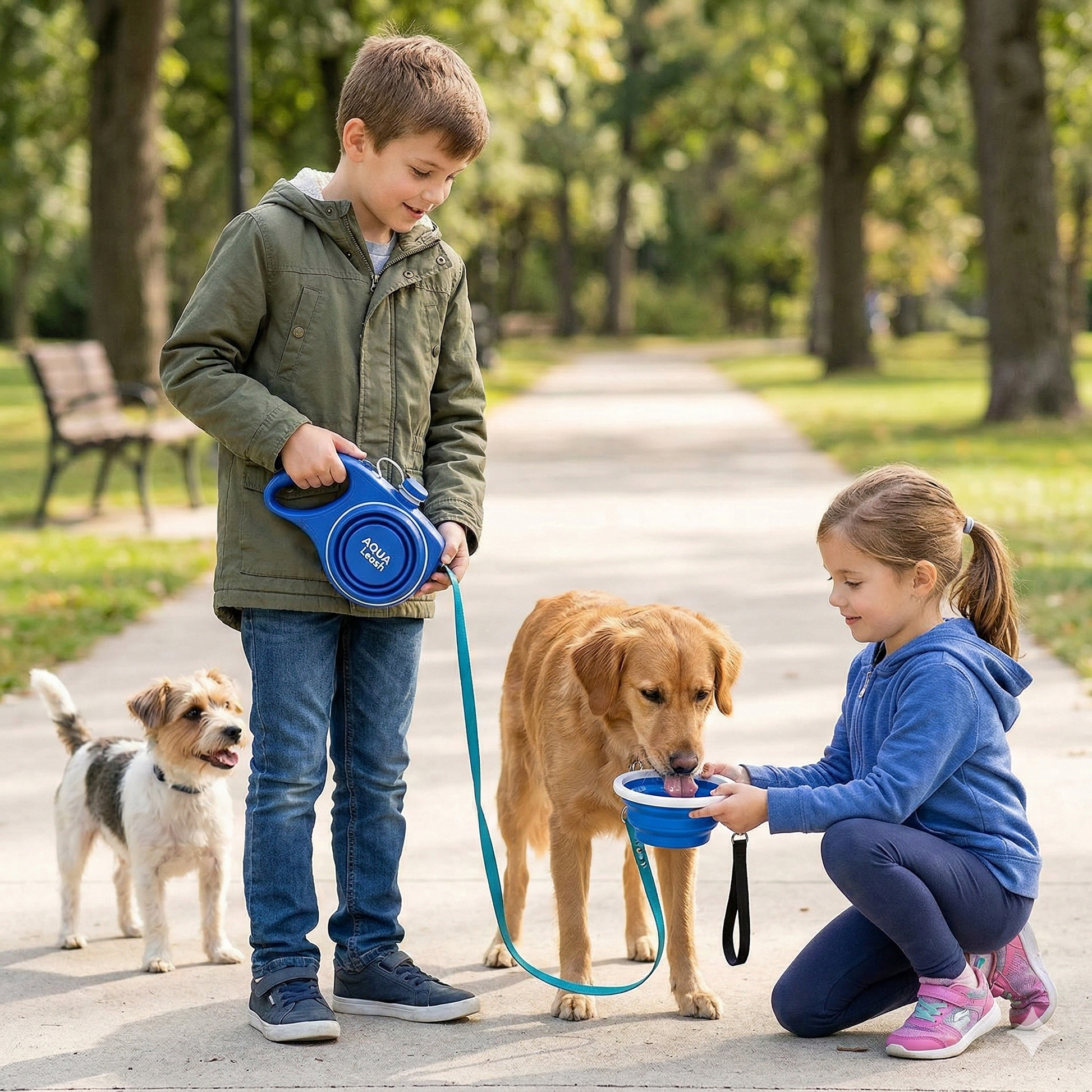 AQVA 5u1 povodac za pse sa posudom za vodu (rezervoar 350ml) – praktični set za šetnju