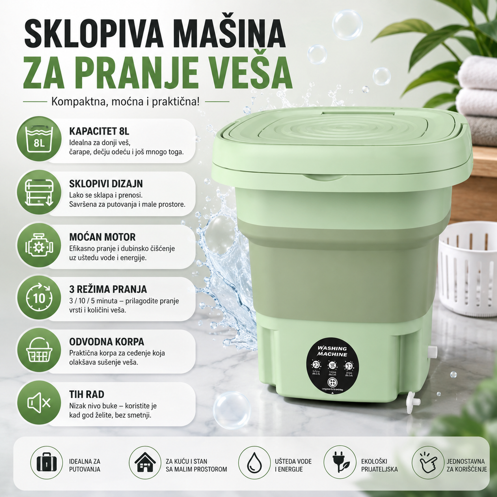 Sklopiva mini mašina za pranje veša 8 L
