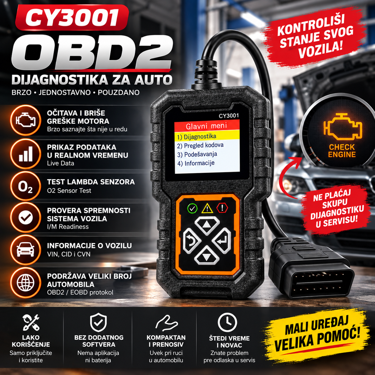 OBD2 skener V500 – čitač i brisač grešaka motora za brzo očitavanje dijagnostike