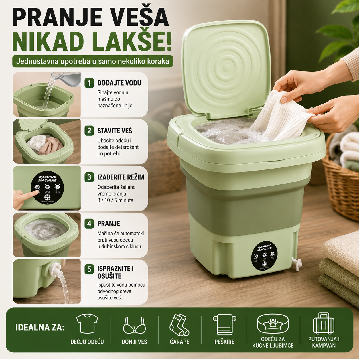 Sklopiva mini mašina za pranje veša 8 L