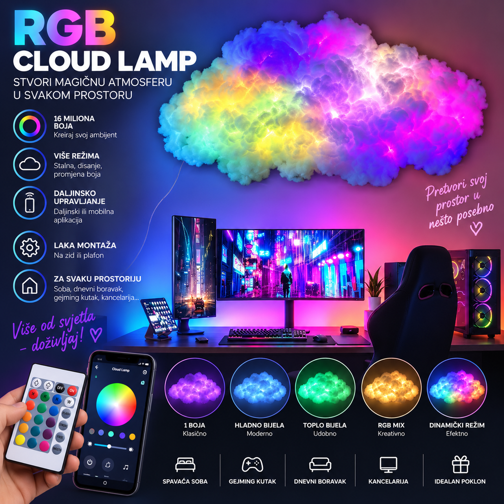 3D RGB LED oblak sa svetlosnim efektima – 200 cm