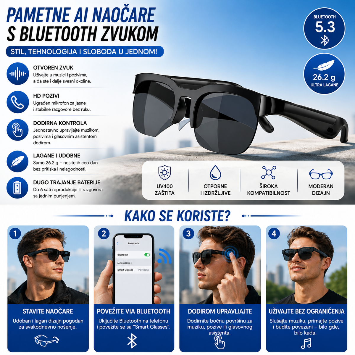 Bluetooth naočare za slušanje muzik